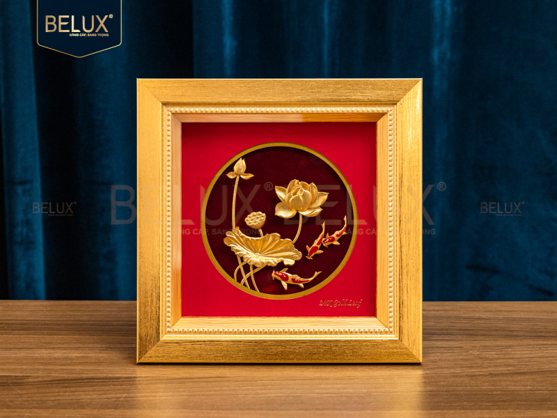 Tranh Cá Chép Hoa Sen Dát Vàng 24k 20x20cm